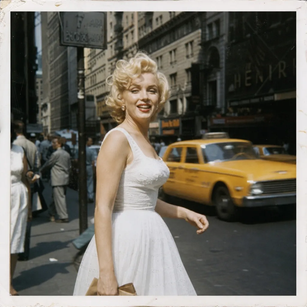 Marilyn Monroe en robe blanche style années 50 marchant dans une rue contemporaine de New York, taxi jaune flou en arrière-plan, esthétique Polaroid vintage avec grain, lumière naturelle douce, style documentaire candide, photographie argentique hyperréaliste