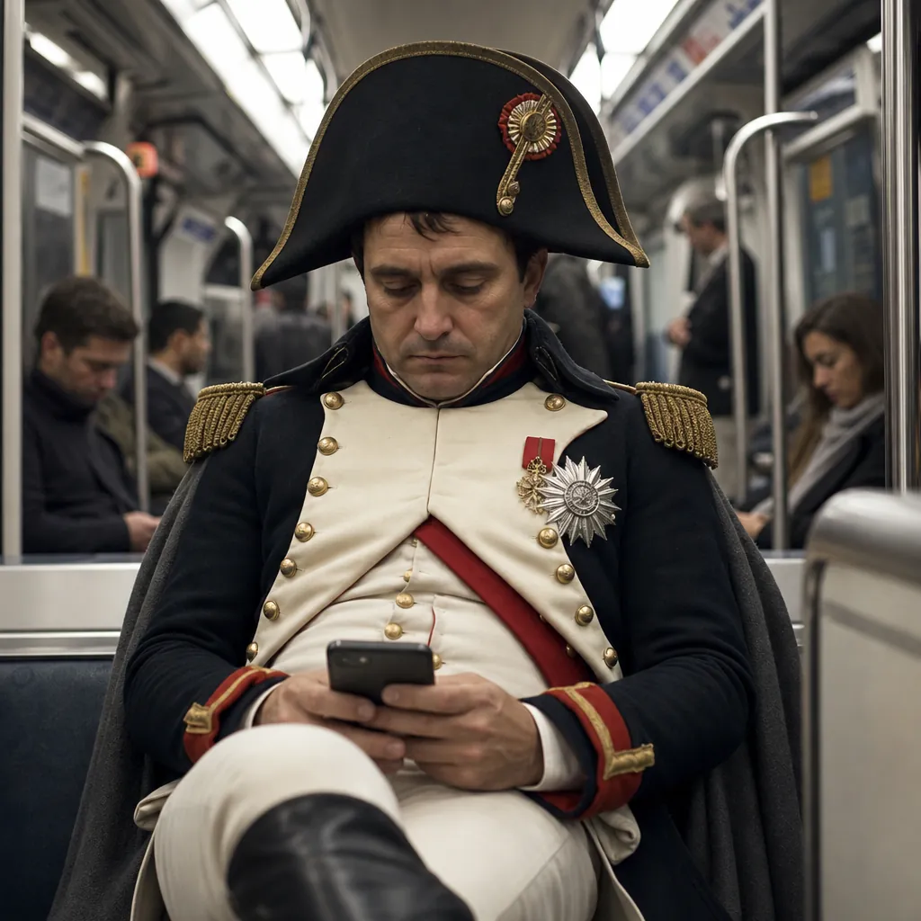 Napoléon Bonaparte en uniforme militaire complet avec bicorne, assis dans une rame de métro moderne, regardant un smartphone, néons au-dessus, autres passagers flous en arrière-plan, contraste dramatique entre époques, photoréaliste