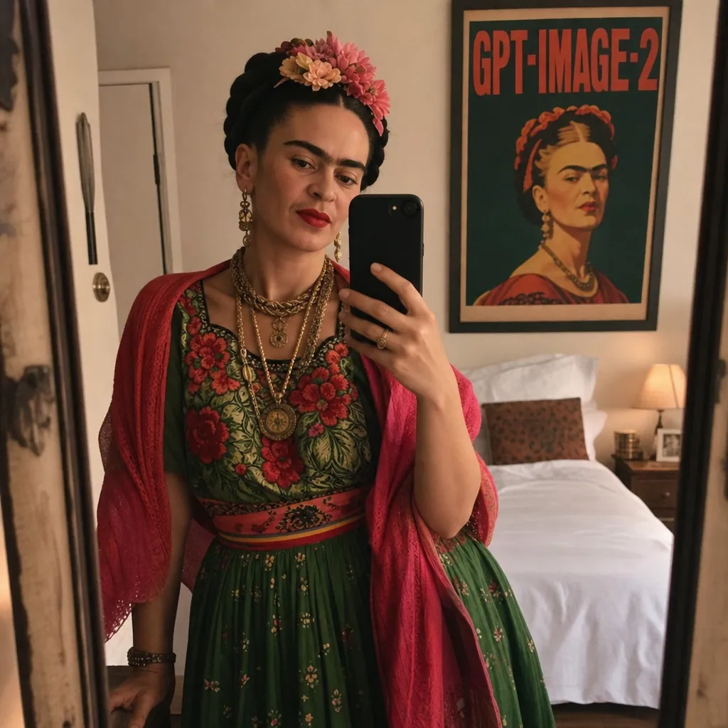 Frida Kahlo prenant un selfie miroir avec un smartphone dans une chambre moderne, robe traditionnelle mexicaine avec fleurs dans les cheveux, poster vintage au mur, éclairage chaud intime, esthétique Instagram candide