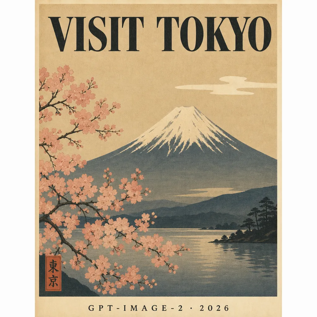 Affiche de voyage japonaise minimaliste années 60, grand texte gras VISIT TOKYO en gothique classique, illustration ukiyo-e du mont Fuji et cerisiers, tons terre atténués, texture papier, esthétique sérigraphie