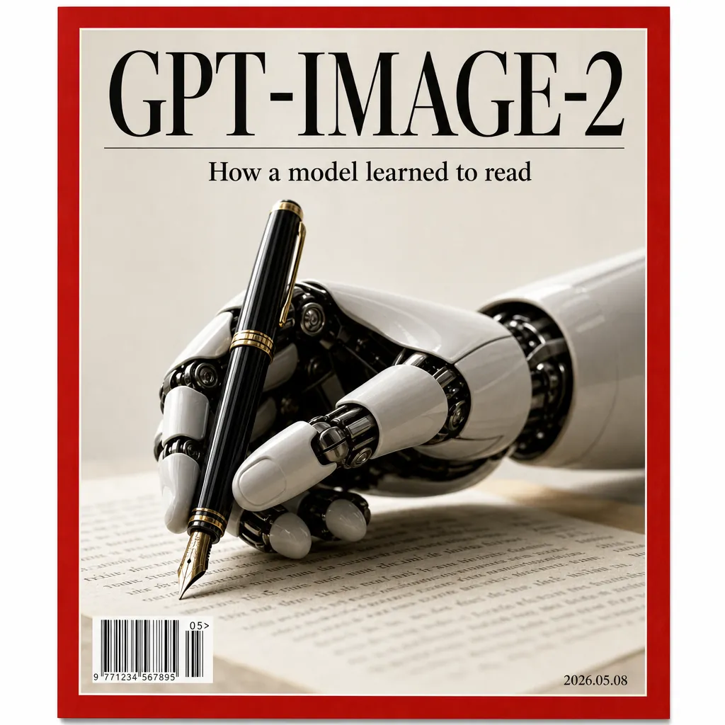 Mise en page couverture TIME, cadre rouge iconique, grand titre noir à empattement remplit le tiers supérieur avec typographie parfaite, sous-titre en dessous, photo d'une main robotique noir et blanc tenant un stylo plume, code-barre et date en bas, esthétique impression magazine