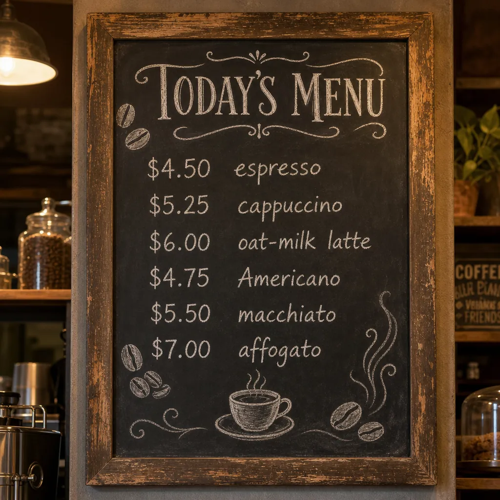 Menu d'ardoise de café photographié de face, titre TODAY'S MENU en lettrage à la craie élégant, liste de 6 items avec nom et prix manuscrits, petits dessins de grains de café, cadre bois patiné, éclairage tungstène chaud