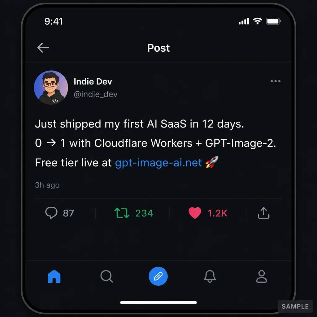 Capture pixel-perfect d'un post Twitter en mode sombre mobile, avatar de développeur, texte décrivant le lancement d'un AI SaaS en 12 jours, likes et retweets visibles, UI iOS native sans embellissement