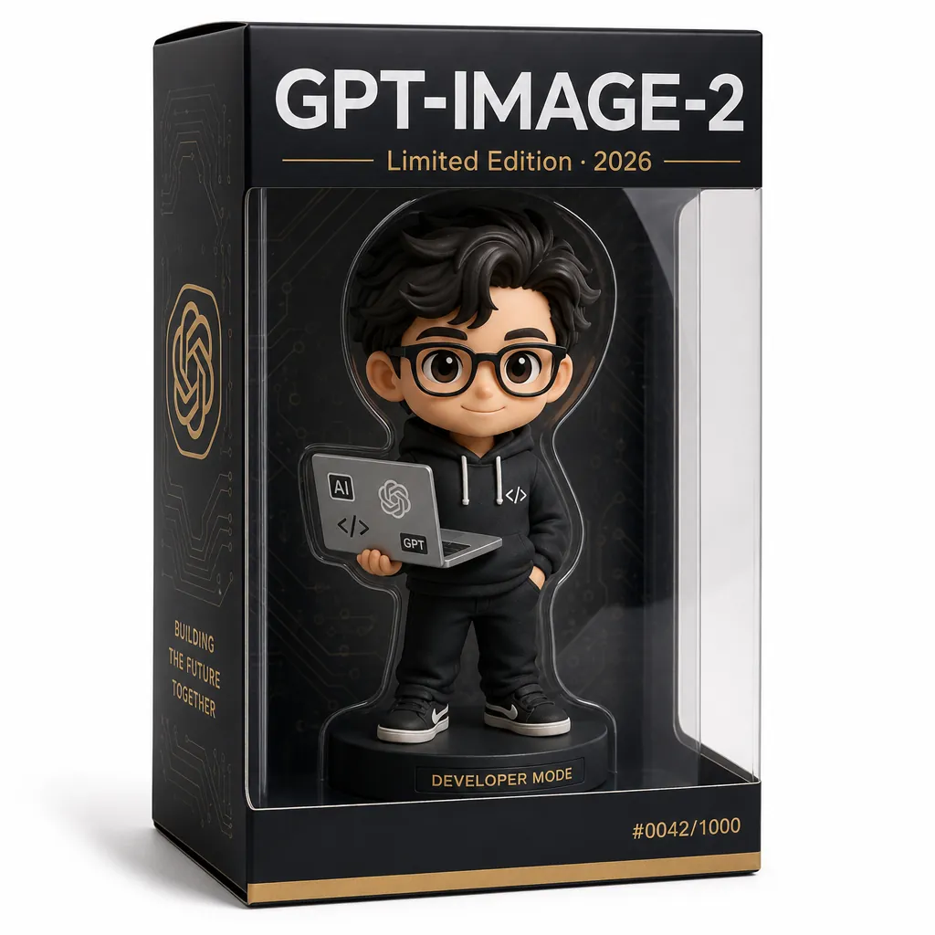 Boîte de figurine collector premium sur fond blanc épuré, à l'intérieur un personnage 3D chibi développeur avec laptop, packaging avec grand titre en sans-serif moderne, fenêtre plastique transparente, numéro de série dans le coin, photo produit